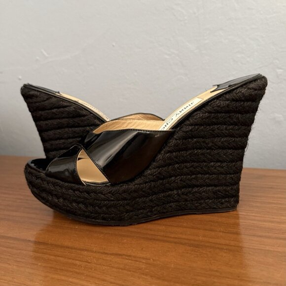 Jimmy Choo Phyllis Espadrille Wedges Mixmatch L: 37.5 / R: 37 Black Patent - Picture 6 of 12
